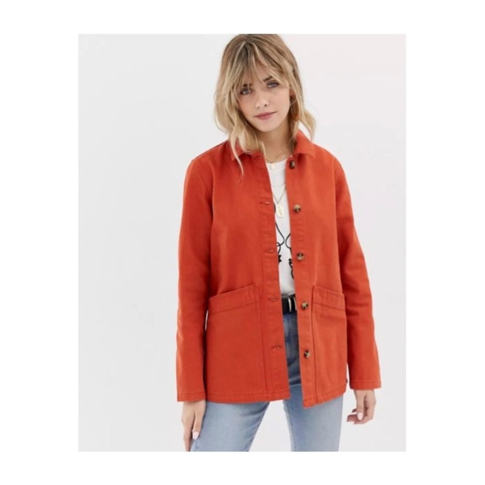 ASOS Chore Coat Jacket, Cotton Denim Shacket in Terracotta, Small 4/UK 8/EU 36